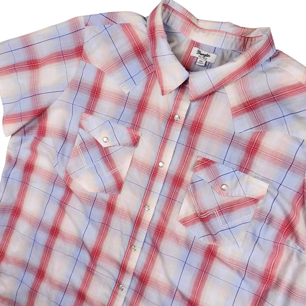 Wrangler Retro Pearl Snap 3X Western Shirt Red/White Short Sleeve Pockets Plaid